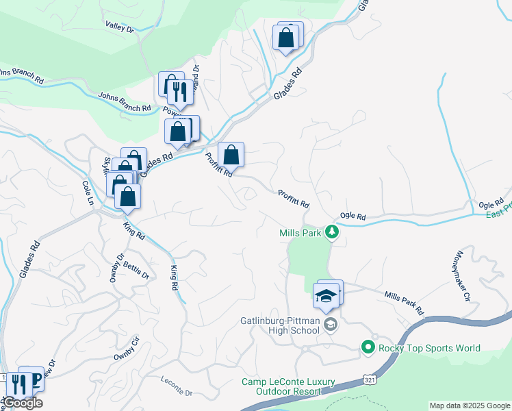 map of restaurants, bars, coffee shops, grocery stores, and more near 456 Patterson Lane in Gatlinburg