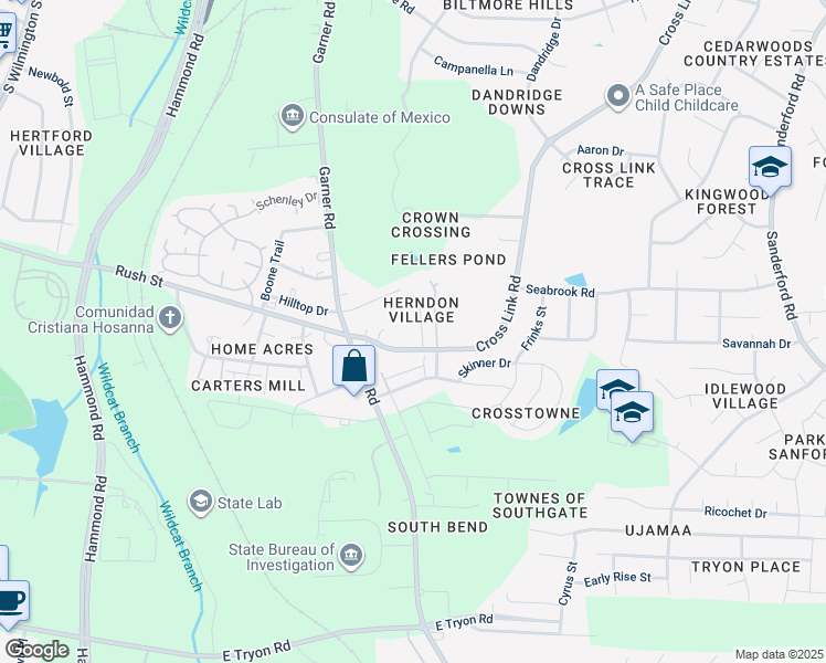 map of restaurants, bars, coffee shops, grocery stores, and more near 2826 Herndon Village Way in Raleigh