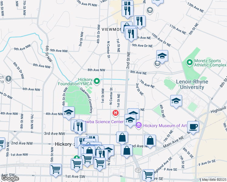 map of restaurants, bars, coffee shops, grocery stores, and more near 604 North Center Street in Hickory
