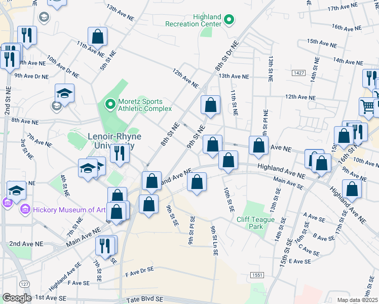 map of restaurants, bars, coffee shops, grocery stores, and more near 922 9th Avenue Northeast in Hickory