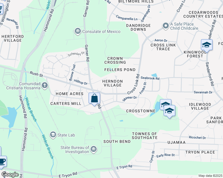 map of restaurants, bars, coffee shops, grocery stores, and more near 2826 Herndon Village Way in Raleigh