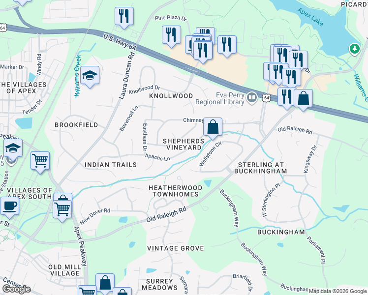 map of restaurants, bars, coffee shops, grocery stores, and more near 1319 Apache Lane in Apex