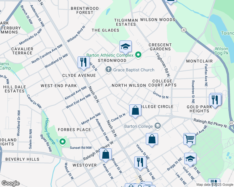 map of restaurants, bars, coffee shops, grocery stores, and more near 1208 Gold Street North in Wilson