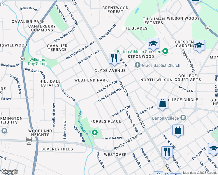 map of restaurants, bars, coffee shops, grocery stores, and more near 203 Kincaid Avenue Northwest in Wilson