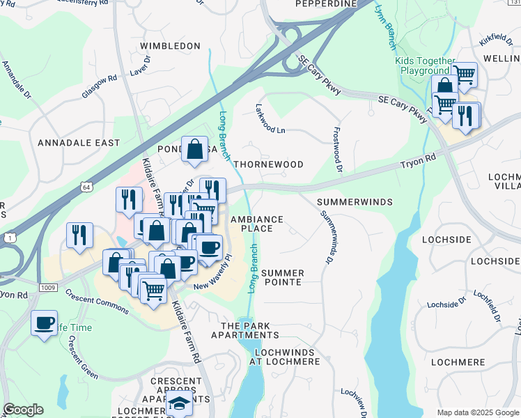 map of restaurants, bars, coffee shops, grocery stores, and more near 103 Ambiance Lane in Cary