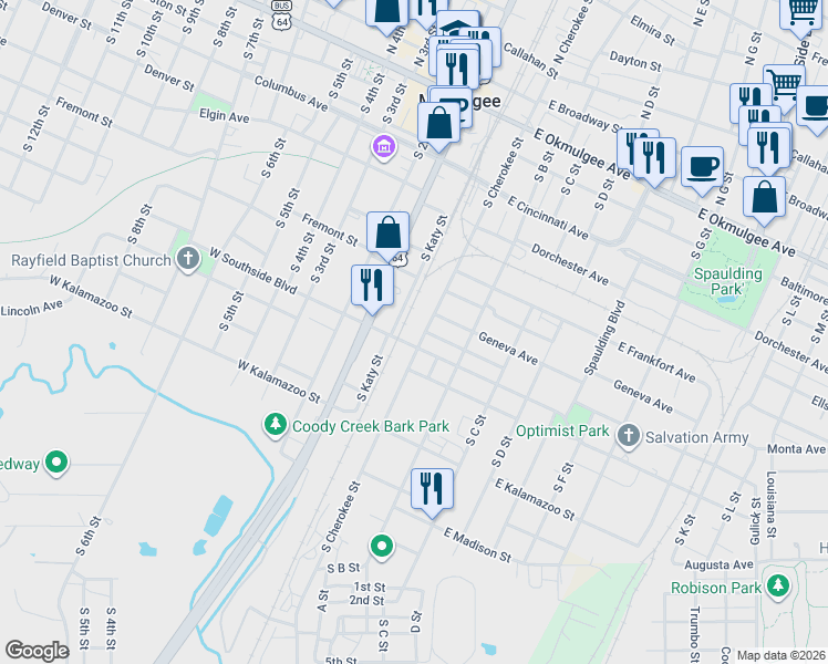 map of restaurants, bars, coffee shops, grocery stores, and more near 715 South Cherokee Street in Muskogee