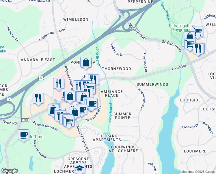 map of restaurants, bars, coffee shops, grocery stores, and more near 104 Ambiance Place in Cary