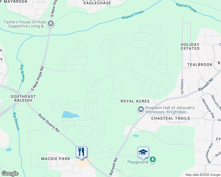 map of restaurants, bars, coffee shops, grocery stores, and more near 5325 Rock Quarry Road in Raleigh