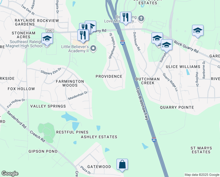 map of restaurants, bars, coffee shops, grocery stores, and more near 2732 Shepherd Valley Street in Raleigh