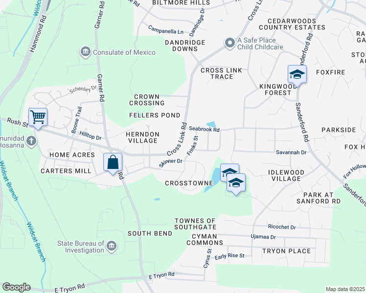 map of restaurants, bars, coffee shops, grocery stores, and more near 812 Cross Link Road in Raleigh