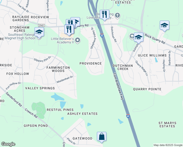 map of restaurants, bars, coffee shops, grocery stores, and more near 2732 Shepherd Valley Street in Raleigh