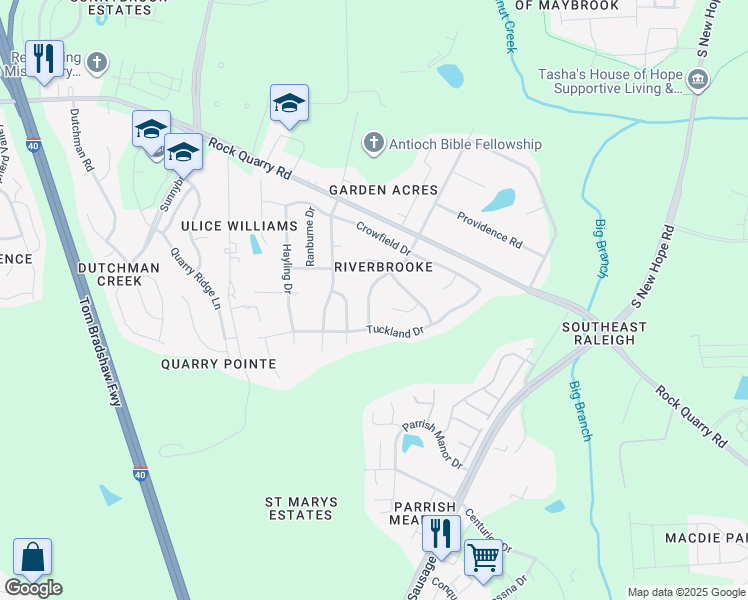 map of restaurants, bars, coffee shops, grocery stores, and more near 3101 Riverbrooke Drive in Raleigh