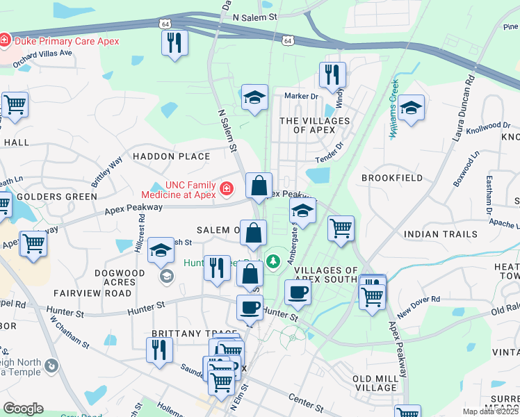 map of restaurants, bars, coffee shops, grocery stores, and more near 1000 North Salem Street in Apex