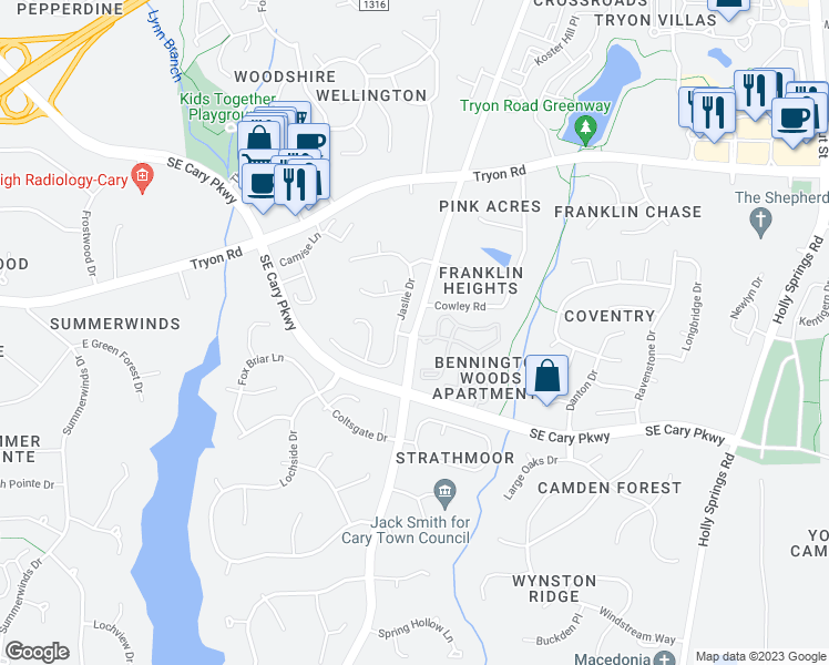 map of restaurants, bars, coffee shops, grocery stores, and more near 125 Eclipse Drive in Cary