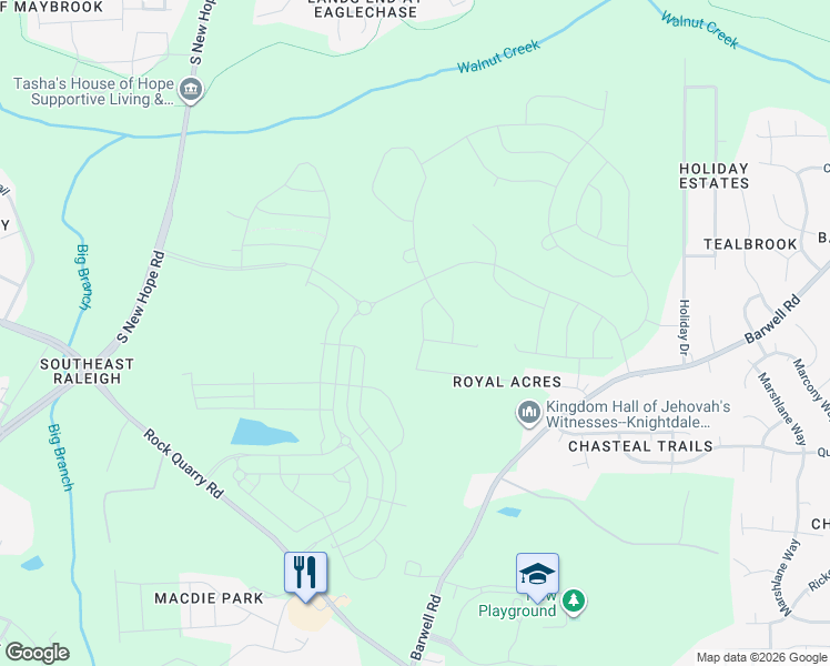 map of restaurants, bars, coffee shops, grocery stores, and more near 5325 Rock Quarry Road in Raleigh