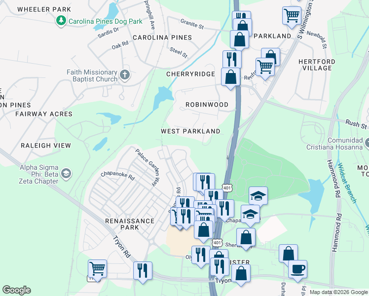map of restaurants, bars, coffee shops, grocery stores, and more near 918 Consortium Drive in Raleigh