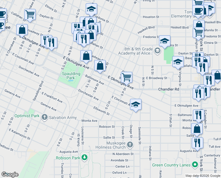 map of restaurants, bars, coffee shops, grocery stores, and more near 1413 Baltimore Avenue in Muskogee