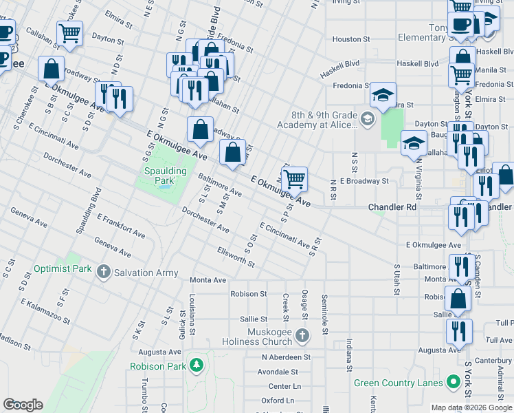 map of restaurants, bars, coffee shops, grocery stores, and more near 1409 Baltimore Avenue in Muskogee