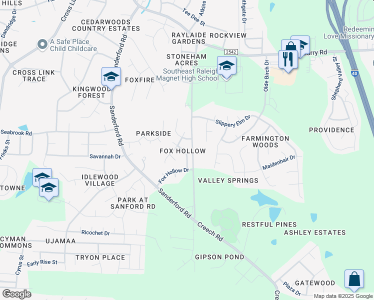 map of restaurants, bars, coffee shops, grocery stores, and more near 2713 Big Oak Street in Raleigh