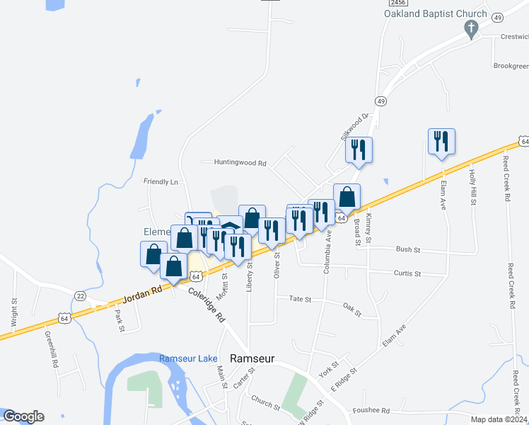 map of restaurants, bars, coffee shops, grocery stores, and more near 151 King Road in Ramseur