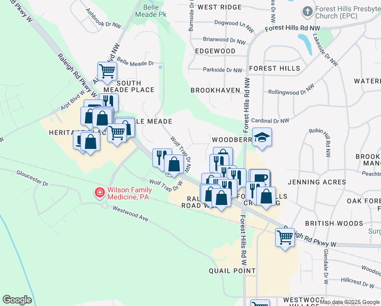 map of restaurants, bars, coffee shops, grocery stores, and more near 2906 Wolf Trap Drive Northwest in Wilson