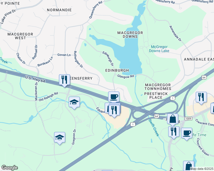 map of restaurants, bars, coffee shops, grocery stores, and more near 1205 Queensferry Road in Cary