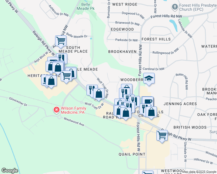 map of restaurants, bars, coffee shops, grocery stores, and more near 2906 Wolf Trap Dr NW in Wilson