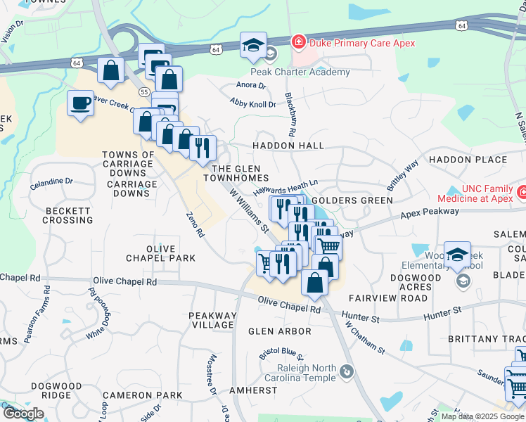 map of restaurants, bars, coffee shops, grocery stores, and more near 129 Wirks Worth Circle in Apex