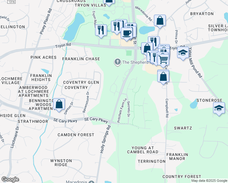 map of restaurants, bars, coffee shops, grocery stores, and more near 307 Fenella Drive in Raleigh