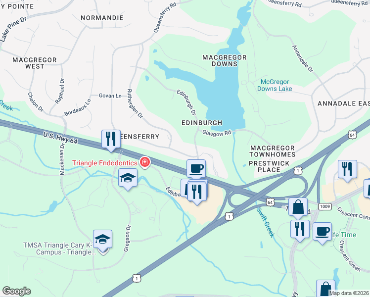 map of restaurants, bars, coffee shops, grocery stores, and more near 1205 Queensferry Road in Cary