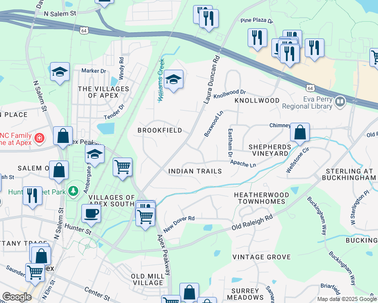 map of restaurants, bars, coffee shops, grocery stores, and more near 1002 Indian Trail in Apex
