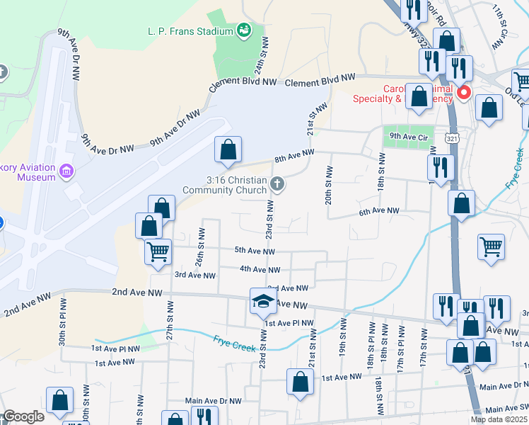 map of restaurants, bars, coffee shops, grocery stores, and more near 625 23rd Street Northwest in Hickory
