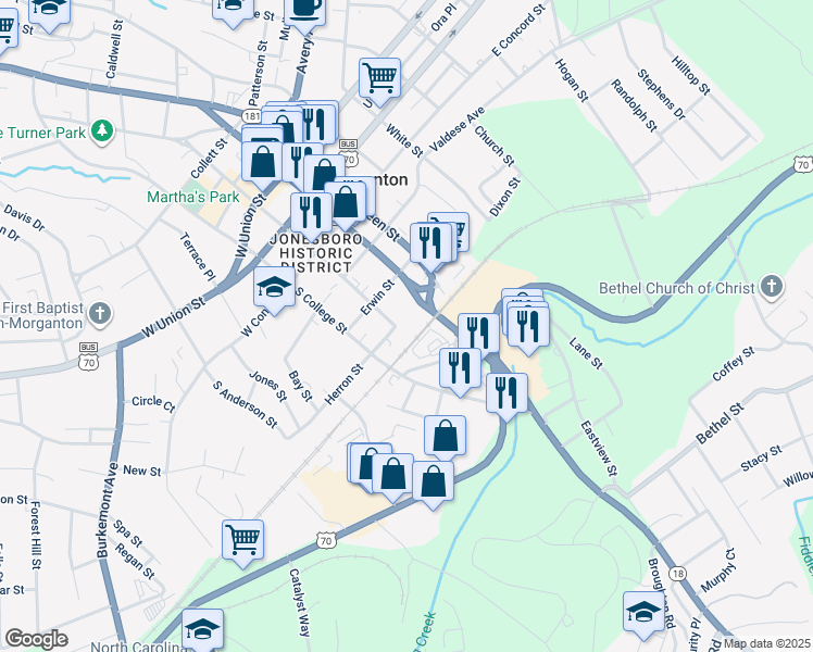 map of restaurants, bars, coffee shops, grocery stores, and more near 510 South Sterling Street in Morganton