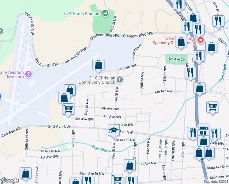 map of restaurants, bars, coffee shops, grocery stores, and more near 625 23rd Street Northwest in Hickory