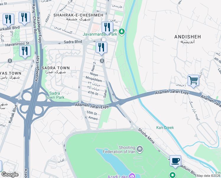 map of restaurants, bars, coffee shops, grocery stores, and more near Dehkadeh Olympic Boulevard in Tehran