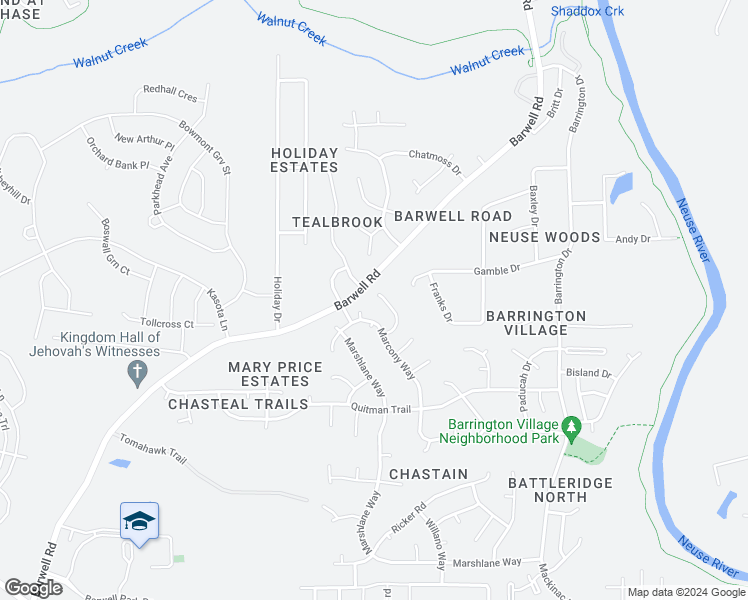 map of restaurants, bars, coffee shops, grocery stores, and more near 3012 Bracey Place in Raleigh