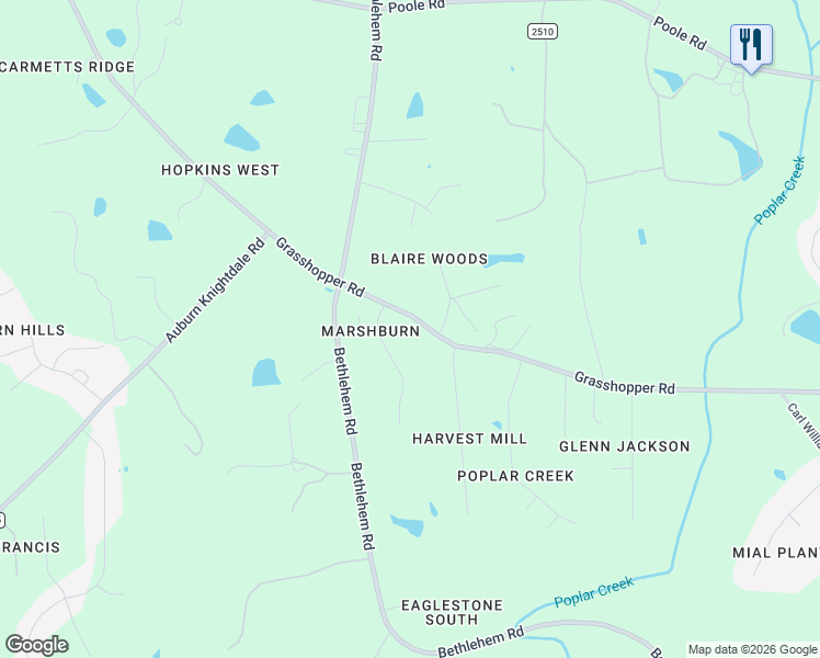 map of restaurants, bars, coffee shops, grocery stores, and more near 5428 Grasshopper Road in Raleigh