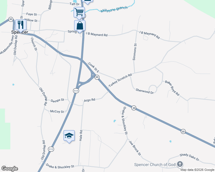 map of restaurants, bars, coffee shops, grocery stores, and more near 19 Turkey Scratch Road in Spencer