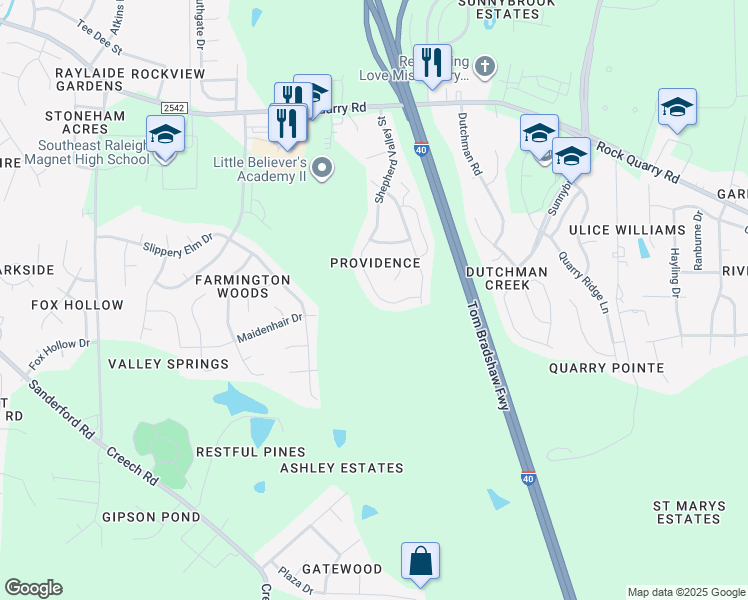 map of restaurants, bars, coffee shops, grocery stores, and more near 2732 Shepherd Valley Street in Raleigh