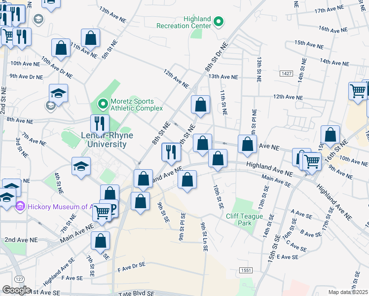 map of restaurants, bars, coffee shops, grocery stores, and more near 913 9th Avenue Northeast in Hickory