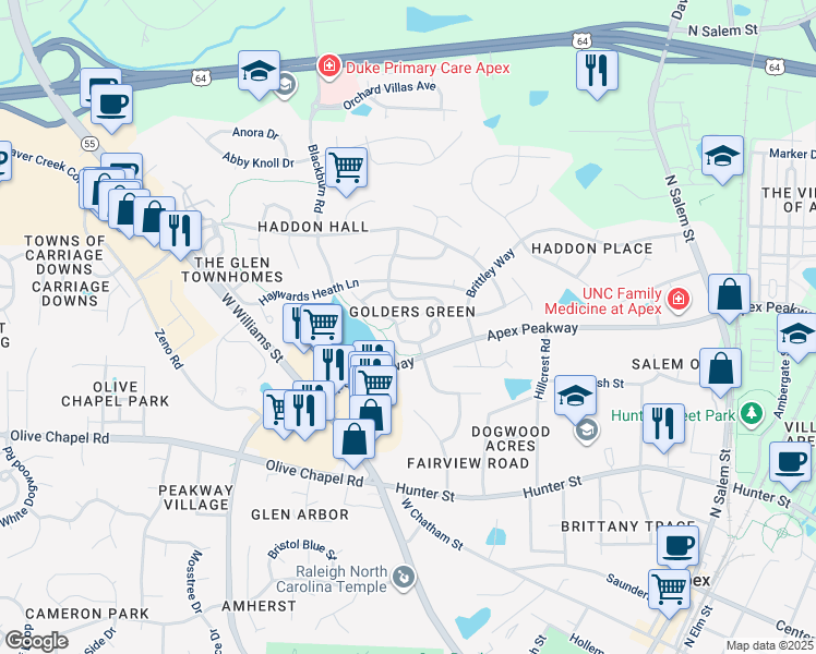map of restaurants, bars, coffee shops, grocery stores, and more near 606 Nottinghill Walk in Apex