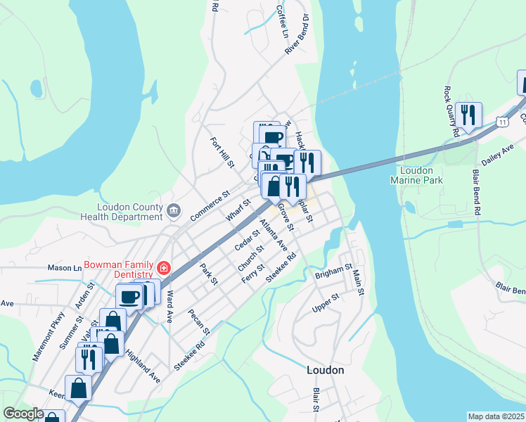 map of restaurants, bars, coffee shops, grocery stores, and more near 411 Mulberry Street in Loudon