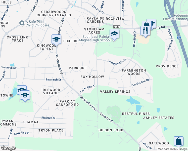 map of restaurants, bars, coffee shops, grocery stores, and more near 2707 Big Oak Street in Raleigh