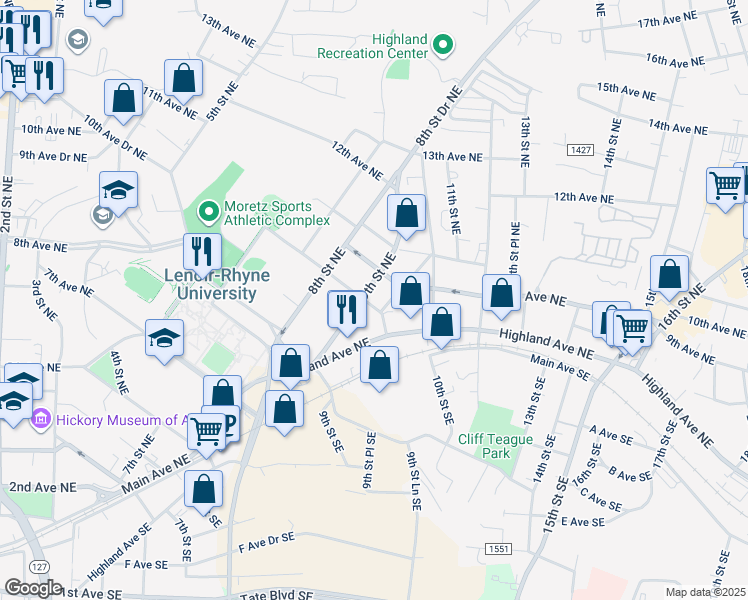map of restaurants, bars, coffee shops, grocery stores, and more near 913 9th Avenue Northeast in Hickory