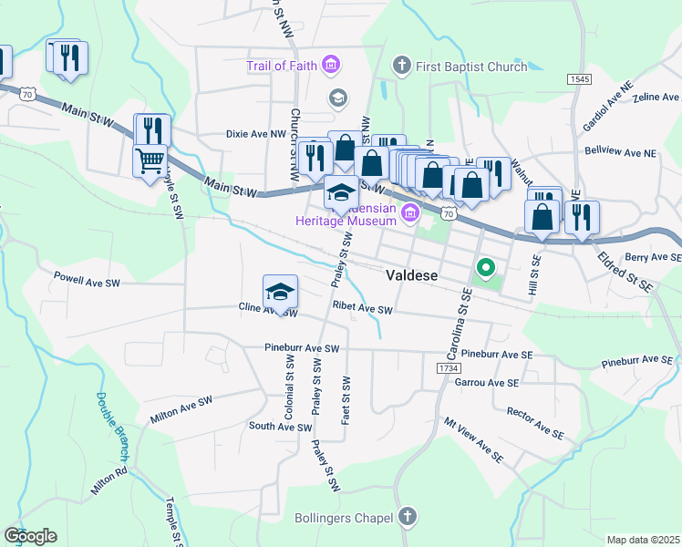 map of restaurants, bars, coffee shops, grocery stores, and more near 505 Praley Street Southwest in Valdese