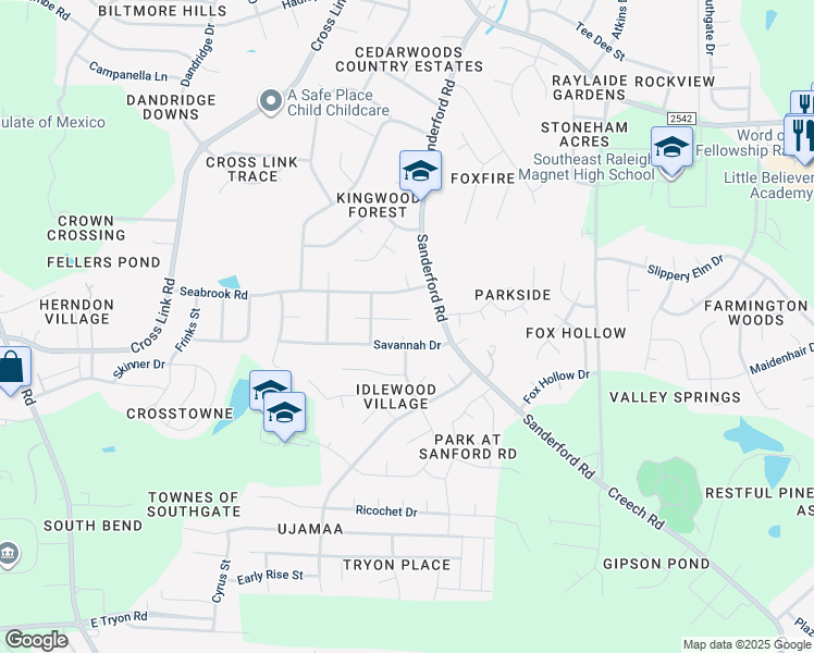 map of restaurants, bars, coffee shops, grocery stores, and more near 1320 Armstrong Circle in Raleigh