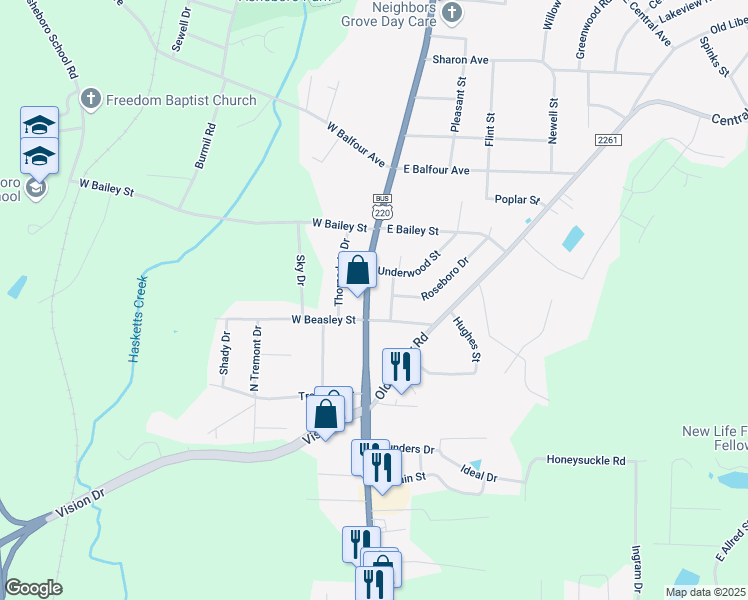 map of restaurants, bars, coffee shops, grocery stores, and more near 1610 North Fayetteville Street in Asheboro