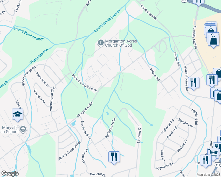 map of restaurants, bars, coffee shops, grocery stores, and more near 2036 Morganton Road in Maryville