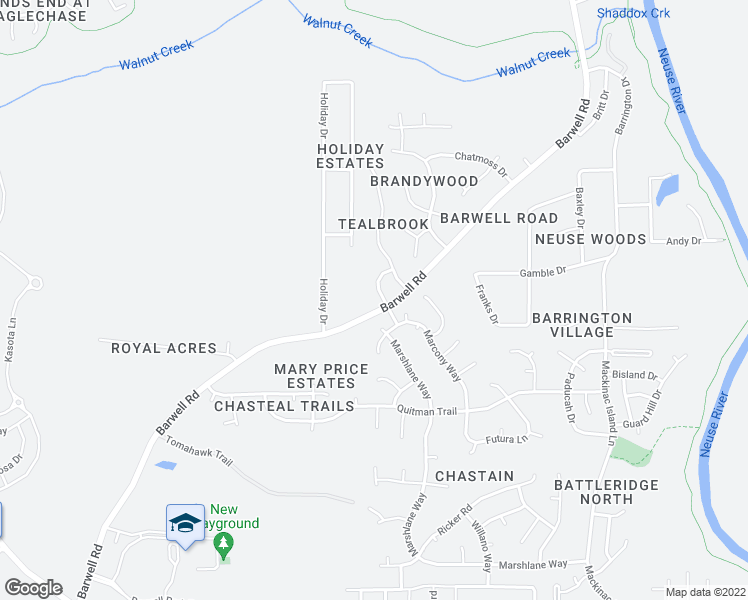 map of restaurants, bars, coffee shops, grocery stores, and more near 2932 Neals Creek Drive in Raleigh