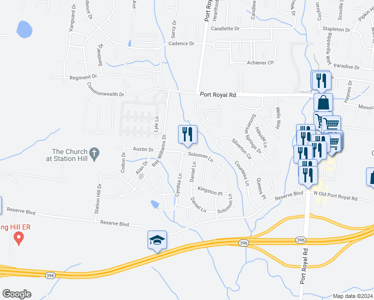 map of restaurants, bars, coffee shops, grocery stores, and more near 1056 Solomon Lane in Spring Hill